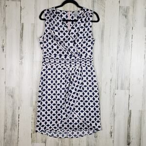 H&M Navy Blue & White Printed Faux Wrap Pleated Mini Dress Women's Size 8